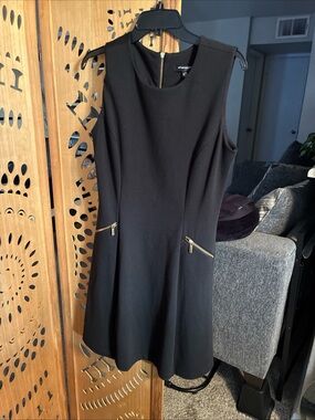 Sharagano Black Sleeveless A-Line Dress with Gold Zippers